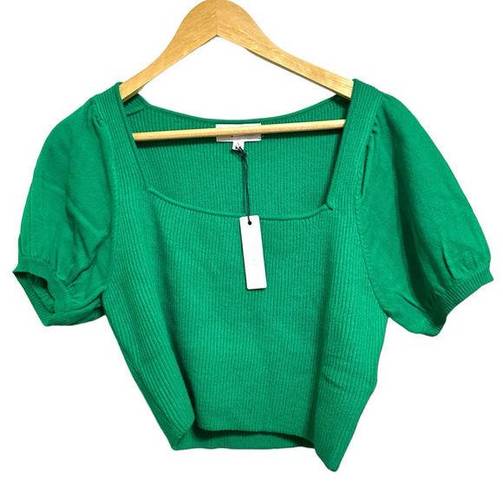 The Moon Day +  Green ribbed square neck puff sleeve sweater size Medium NEW