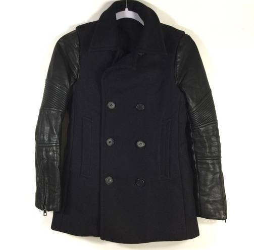 All Saints Zaskia Pea Coat Navy Wool Black Leather
Sleeves Double Breasted