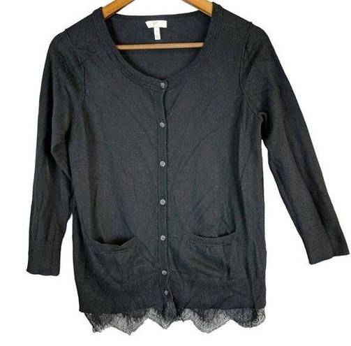 Joie  Women's Small Black Lace Hem Button Double Pocket Cardigan