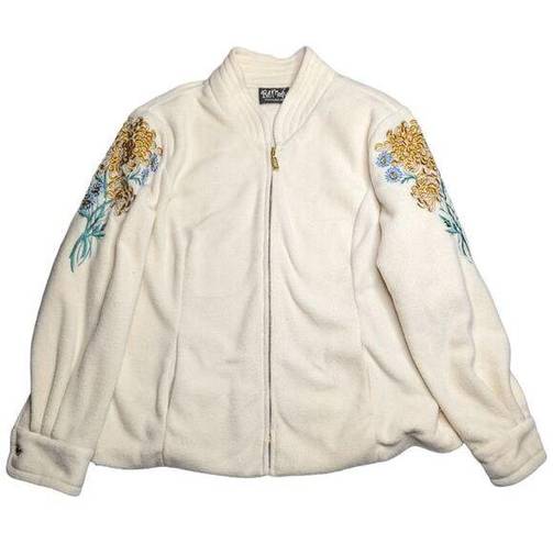 Bob Mackie Vtg 1990s  Ivory Full Zip Boho Floral Embroidered Fleece Jacket XL