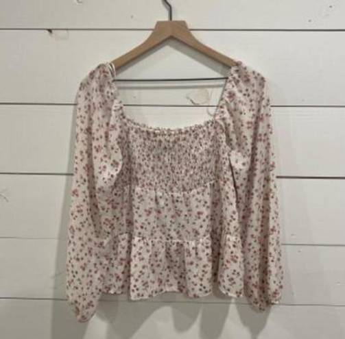 Paper Crane White Floral  Long Sleeve Balloon Sleeve Blouse Size Large