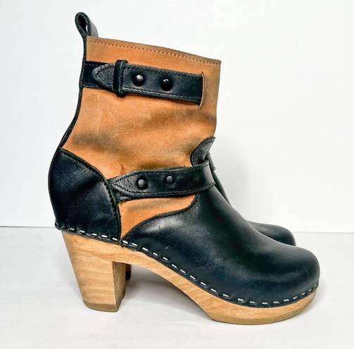 Loeffler Randall  Sven Black Tan Leather Wooden Clogs Booties Size 36 5 Women’s