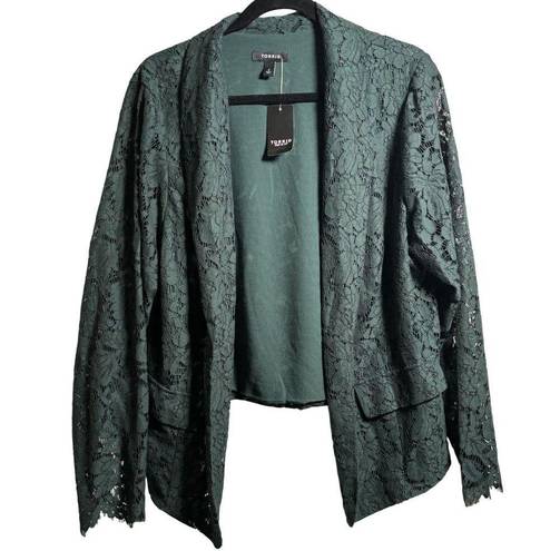 Torrid NWT  2 Green Lace Hi Lo Blazer Jacket Sheer Sleeve Open Front Womens 2XL