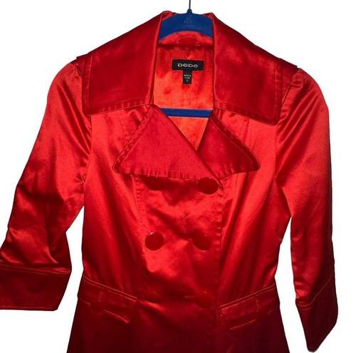 Bebe  RED SATIN DOUBLE BREASTED PEPLUM PEACOAT WOMEN SIZE XS 3/4 SLEEVES POCKETS