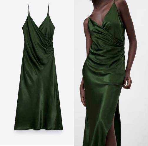 ZARA Draped Lingerie Style Emerald Forest Green Midi Dress 