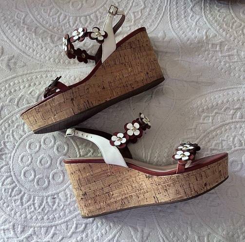 Kate Spade  Tisdale Leather Brown Luggage Flower Wedge Sandal Platform Heels