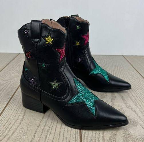 Betsey Johnson  Edison Women's Rhinestone Stars Western Boots 6 Black Multi $169