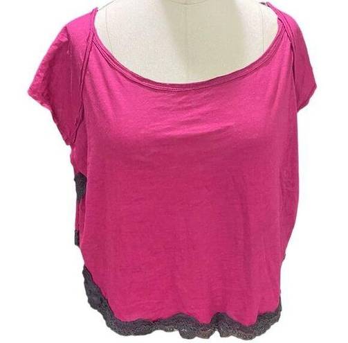 We The Free  Hot Raspberry Pink crop top gray lace trim Oversized NEW Size SMALL