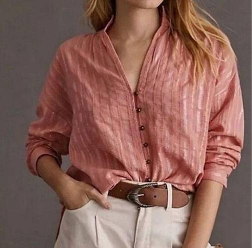 Pilcro  Anthropologie NWT Ruffled Top Blouse Pink Silver Stripe size L