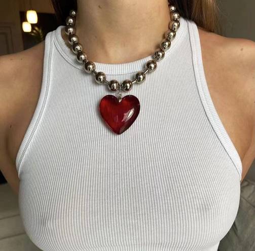 Boutique Y2K Chunky Red Heart Silver Ball Chain Necklace 