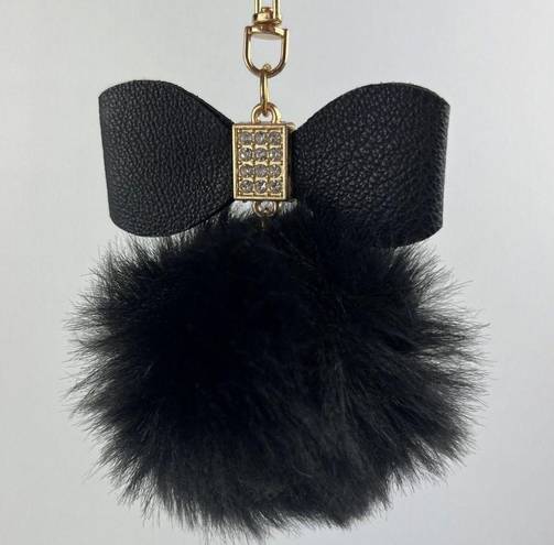 Poof Black Soft Pom Pom With Rhinestones Bow Keychain 