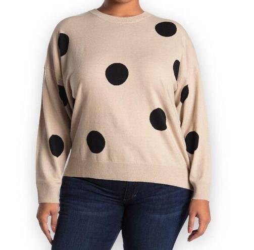 T Tahari  Polka Dot Crew Neck Pullover Sweater Plus Size Tan Khahi Black 1X