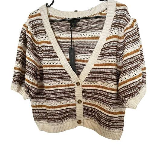 House of Harlow  1960 Metallic Striped Cream Brown Puff Sleeve Cardigan Sweater L