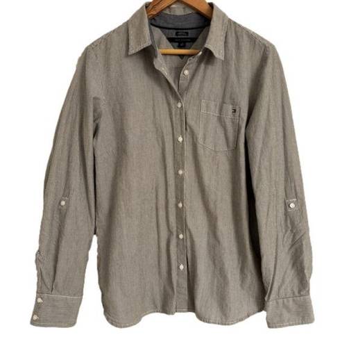 Tommy Hilfiger  Women's Large Button Down Shirt w/Adjustable Sleeves Gray Stripe