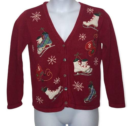 Basic Editions  Vintage Holiday Ice Skate Print Christmas Sweater Cardigan Small