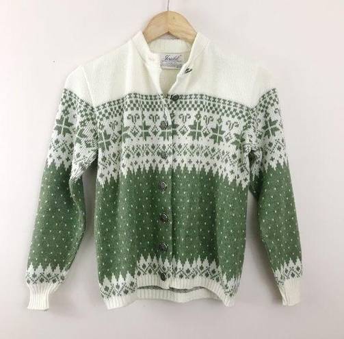 Vintage 60s 70s Nordic Fair Isle Cowichan acrylic knit cardigan sweater green M Size M