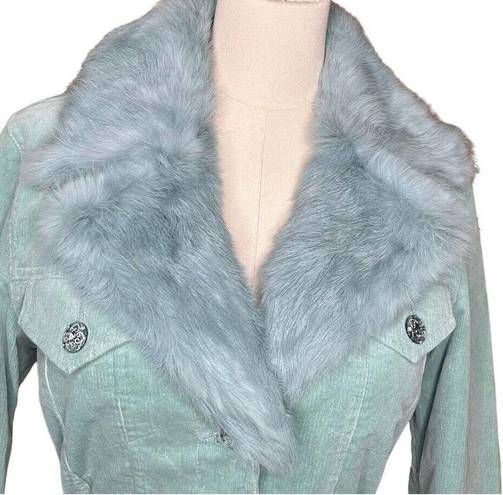 Arden B Womens  Mint Green Rabbit Fur Collar Belted Jacket Rhinestone Buttons Y2K