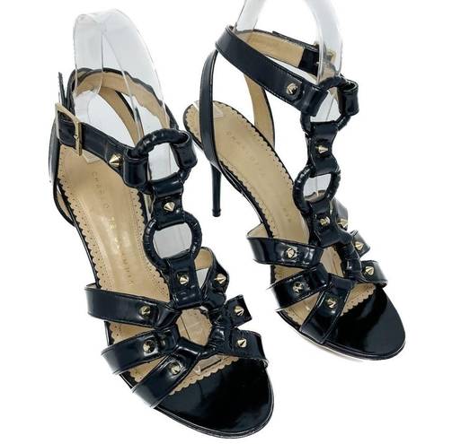 Charlotte Olympia  Allure Black Patent Leather Gold Studded Sandal size 37.5