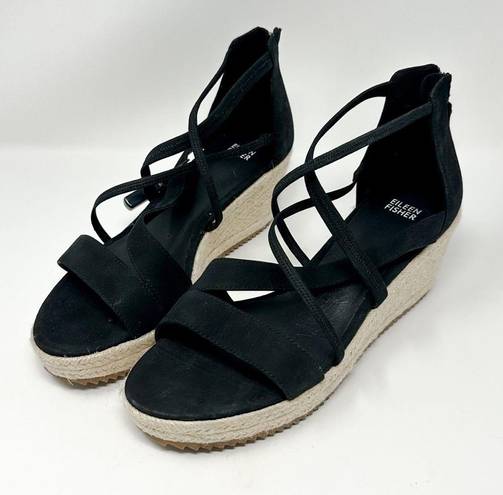 Eileen Fisher  Wanda Black Tumbled Nubuck Espadrille Wedge Sandal, NEW, Size 11