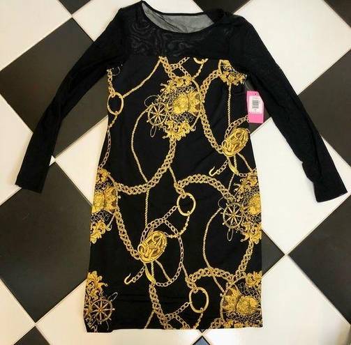 Isaac Mizrahi NWT  Black Mini Dress Gold Chain Print Mesh Sheer Back & Sleeves 8