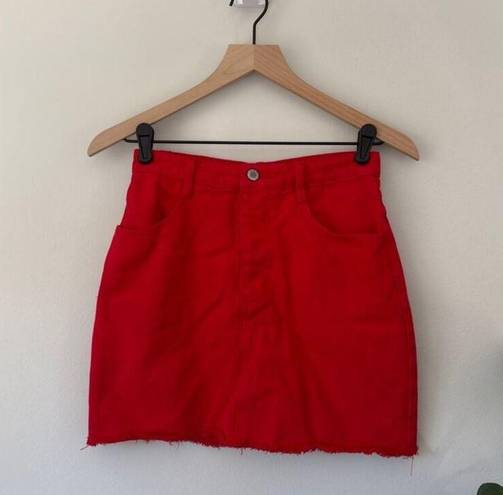 Brandy Melville John Galt  Red Denim Jean Mini Skirt Raw Frayed Hem Button Fly S