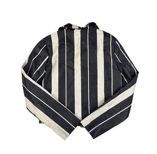 Flying Tomato A Calen by  Striped Faux Leather Moto Jacket in Black & White