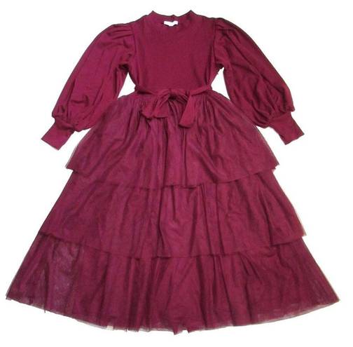 Krass&co NWT Ivy City . Cosette Midi in Wine Tiered Tulle Skirt Fit & Flare Dress M