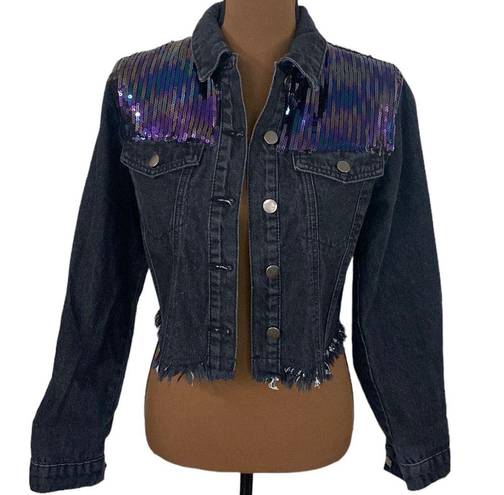 Le lis  shimmer and shine sequined cropped denim jacket with fringe hem size S