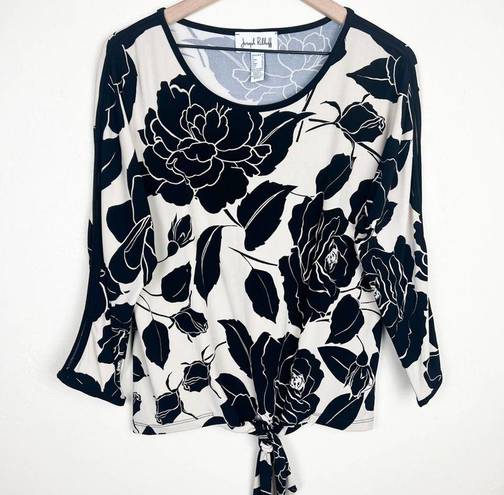 Joseph Ribkoff  Floral Self Tie Long Sleeve Blouse Top in Black & Beige