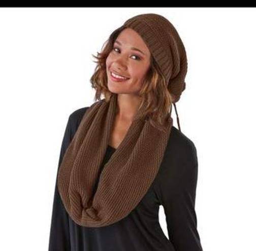 Sociology  Brown Drawstring Hat &Infinity Scarf Set