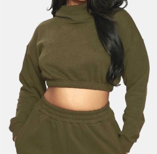 Naked Wardrobe French Terry Crop Hoodie In Olive Green