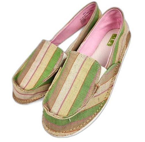 mix no. 6  Size 10 Lightweight Slip-on Comfort Shoes Green Beige Striped Canvas