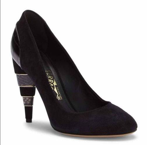 Salvatore Ferragamo Like Pumps Black Suede Snake Embossed Heel