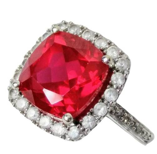 Ruby 10K 10KT White Gold Faux  Halo Cushion Ring Sz 7