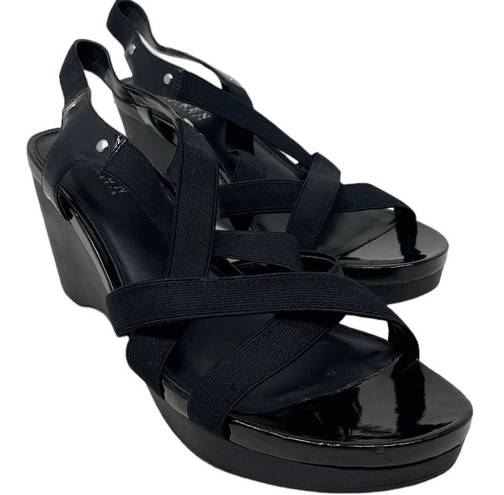 Ralph Lauren Women’s 10 Patent Leather Black Sandals Stretch Sling Stap Wedges