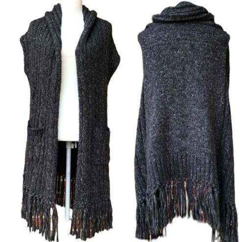 CAbi  Long Sweater Cardigan Roll Neck Fringe Hem Dark Grey Women’s Size Medium