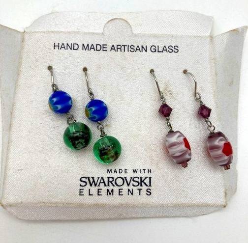 Swavorski Handmade Artisan Glass Floral Pierced Earrings with Swarovski Elements- Set of 2