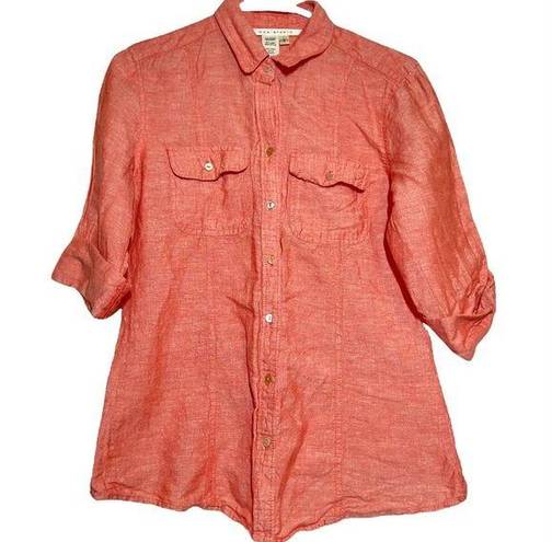 Max Studio  Linen Top long sleeve button up Salmon Orange Small