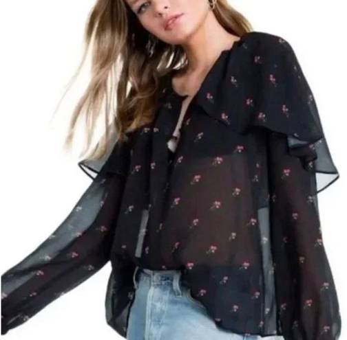 Wildfox Bethany Rosebud Print Ruffle Sheer Blouse