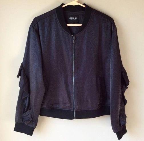 Guess  Biella Ruffle Bomber Jacket Sz Medium Shiny Black Zip Front Feminine