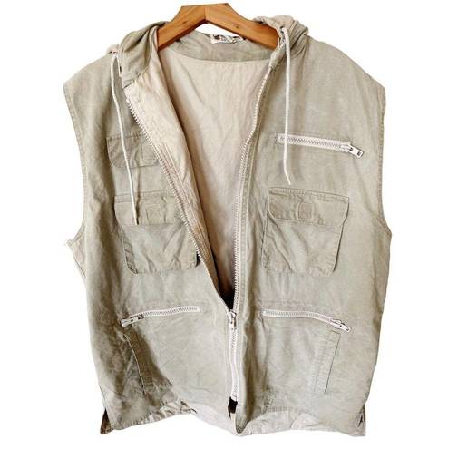 Banana Republic VINTAGE  Bush Vest Hoodie Tan Khaki Cargo Zip Pockets Safari XL