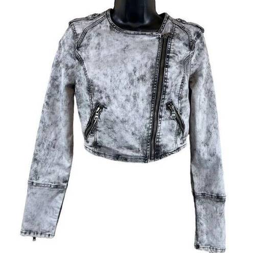 Bebe  Acid Washed Cropped Denim Moto Jacket