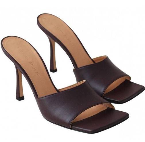 Bottega Veneta  Square Toe Leather Stretch Slide Sandals Brown Women's 39/US 8.5