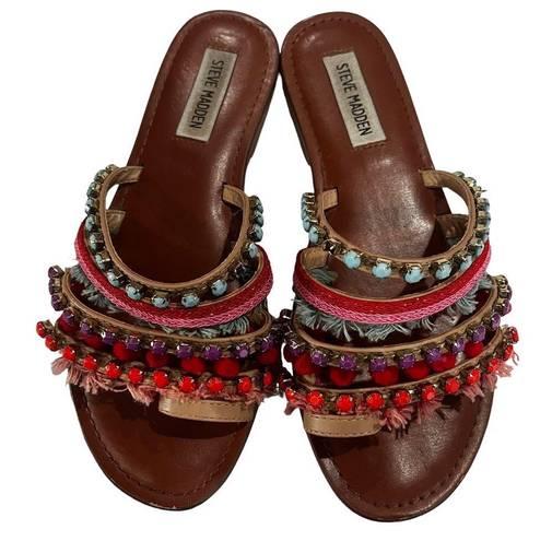 Steve Madden  Gypsy T-bar Embellished Leather Flat Slip On Sandals Size 8M