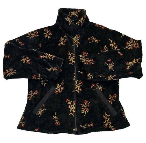 Black Diamond VTG  Sherpa Fleece Botanical Floral Print Jacket Black Size Small