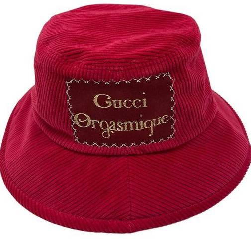 Gucci  New Red Corduroy Cotton “Orgasmique” Patch Bucket Hat