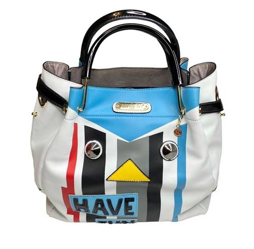 Nicole Lee ᯾ Striped Patchwork 'Have Fun' Satchel Handbag Bag ᯾ Vegan Leather ᯾