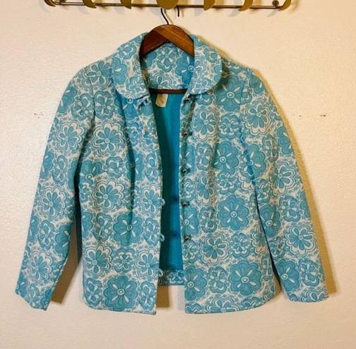 Vintage Blue  & White Daisy Floral Button Up 60s Little Jacket