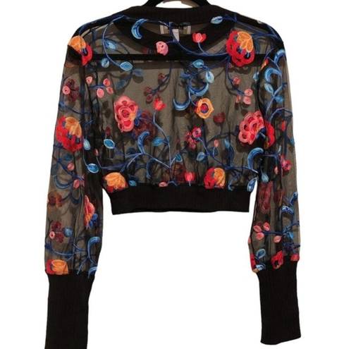 Cosmopolitan NEW  DRESS THE POPULATION MESH FLORAL LONG SLEEVE CROPPED TEE TOP