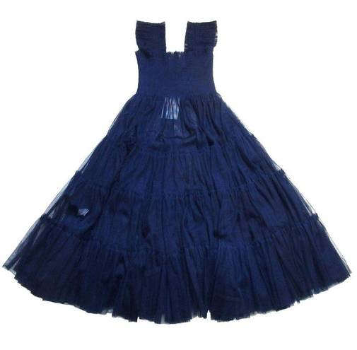 Hill House NWT  Ellie Nap Dress in Navy Sheer Tulle Smocked Midi Ruffle XS